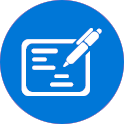 Icon of a document with a pencil inside a blue circle.